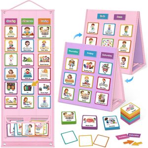 Tablero de horarios visual para niños, tabla de rutina diaria con tarjetas magnéticas y almacenamiento en bolsillo, herramienta de gestión del tiempo tamaño A4 rosa - Product Image 1