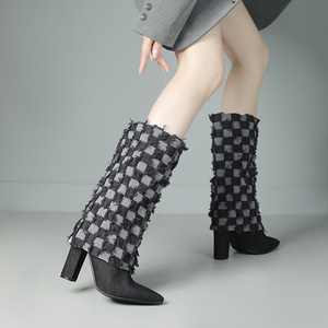 Bottes longues en jean sexy pour femmes, fermeture éclair, élégantes, à talon aiguille, bout pointu, chaussures d'automne-hiver, bottes hautes à talon haut - Product Image 3