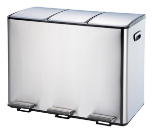 <span class=keywords><strong>Poubelle</strong></span> à <span class=keywords><strong>trois</strong></span> <span class=keywords><strong>compartiments</strong></span> en acier inoxydable avec couvercle à fermeture douce, dotée d'une pédale à ouverture à 90 degrés pour une utilisation facile - Product Image 1