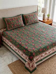 Ensemble de couvre-lit en coton imprimé à la main, motif floral, style traditionnel, taille King, housses de coussin réversibles - Product Image 2