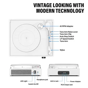 Tourne-disque <span class=keywords><strong>vinyle</strong></span> vintage à entraînement par courroie, 2 haut-parleurs stéréo, 3 vitesses, 3 tailles, lecture sans fil, blanc tendance - Product Image 2