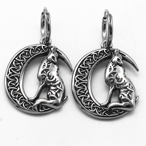 Boucles d'oreilles pendantes yunnique en acier titane, motif loup et lune, bijoux de fête, longues boucles d'oreilles - Product Image 1