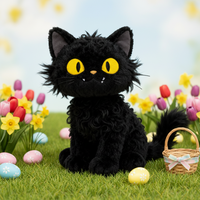 Peluche chat noir bouclé doux et adorable avec yeux jaunes, rembourrée en polyester et coton PP, brodée pour soulager l'anxiété