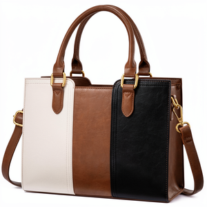 Sac fourre-tout élégant en cuir véritable à panneaux, sac à main pour femme avec fermeture à fermoirs, pour une utilisation quotidienne toute saison - Product Image 1