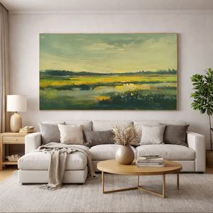 Peinture à l'huile de paysage impressionniste Golden Marsh, art mural serein, art abstrait peint à la main sur toile pour la décoration du salon - Product Image 1