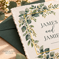 Ensemble d'invitations de mariage personnalisées en eucalyptus, bordure festonnée, cadre doré, invitation de mariage, carte RSVP, enveloppe lignée verte