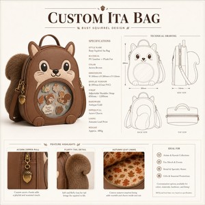 Zaino Kawaii a Forma di Scoiattolo Personalizzato, in Pelle PU Marrone con Orecchie Appuntite e Grande Finestra Trasparente in PVC - Product Image 1