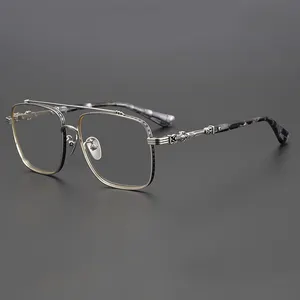 Marco grande de doble puente hecho a mano de gama alta, montura de gafas con patrón exquisito, montura de gafas unisex de titanio de alta calidad