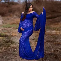 Stijlvolle Royal Blue Full Length Lace Moederschap Jurk Voor Fotoshoot Lange Mouw Moederschap Trouwjurken