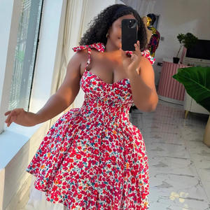 เดรสแขนกุดเข้ารูปของผู้หญิงมินิเดรสจับจีบคอเหลี่ยมพิมพ์ลายย้อนยุคแฟชั่นฤดูร้อน - Product Image 1