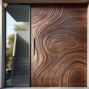Premium 3D oyma katı ahşap ön kapı Modern dış giriş su geçirmez lüks evler villa için benzersiz akan tasarım salonu - Product Image 4