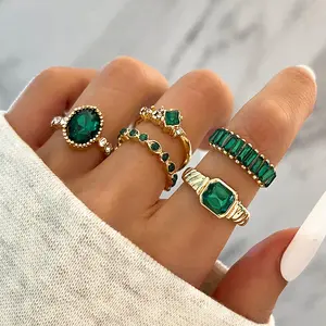 5 pezzi in stile Vintage geometrico verde diamanti di cristallo da donna Set di lusso oro placcato in acciaio inossidabile anello gioielli alla moda