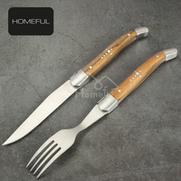 Ensemble de couteaux à steak de style Laguiole à manche en bois d'olivier, 2 pièces, ambidextres, compatibles lave-vaisselle, lames de 4,5 pouces, couteaux à steak et fourchettes