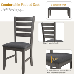 Ensemble de salle à manger en bois rustique, table extensible avec banc et chaises, design traditionnel pour cuisine ou salon, ensemble de 6 en gris - Product Image 6