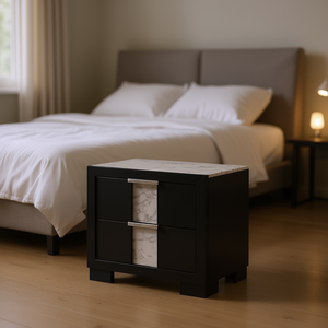 Contemporary <b>Black</b> Nightstand With Two Drawers Marble Top Bedroom Furniture Modern Design - Product Image 2