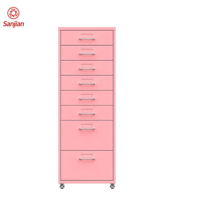 Desain Modern Mini Pink 6 Laci Ruang Kantor Penyimpanan File Di Bawah Meja Bergerak Baja Sudut Logam Kabinet