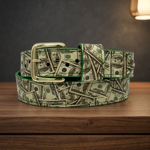 Casual <b>Money</b> Print Baseball <b>Belt</b> With Alloy Rectangular Pin Buckle Durable Heat Transfer Printed Design Green Edge Trim - Product Image 3