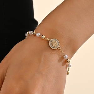 Pulsera de Rosario de Perlas de San Benito para Mujer, Pulsera con Cruz de la Virgen María y Circonitas - Product Image 6