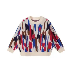 맞춤형 여아 스웨터 O-넥 긴 소매 다채로운 낙서 패턴 자카드 맞춤형 풀오버 소년 스웨터 소녀 스웨터