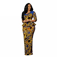 Ensemble en coton pour femmes, grande taille, imprimé africain Ankara; haut à col biais et manches cloche, jupe longue jusqu’au sol; tenue décontractée dashiki deux pièces