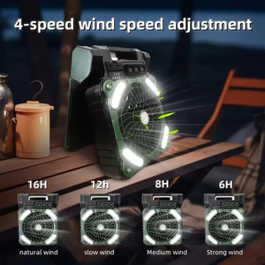Ventilateur solaire portable pliable avec lumière LED, quatre vitesses, batterie externe 5200 mAh, chargement USB, pour camping en extérieur, usage de bureau et situations d'urgence - Product Image 2