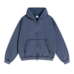 Custom High Quality Autumn Streetwear Oversized <b>Zip</b>-Up Vintage Double-Layer Acid Wash Sun-Faded Distressed <b>Pockets</b> <b>Hoodie</b> - Product Image 5