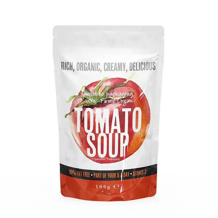 Stampa personalizzata pacchetto per uso alimentare storta per zuppa stand up pouch sacchetto di imballaggio per zuppa di plastica con logo
