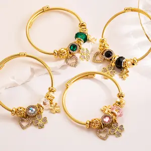 Perhiasan Fashion gelang wanita lapis emas 18k, liontin bunga kristal Diy, baja tahan karat dapat disesuaikan