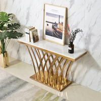 Foshan chine classique luxe moderne Hall entrée forme étroite or carré miroir Console Table avec dessus de Table en marbre pour couloir
