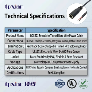 OEM Aangepaste DC5521 Vrouwelijke naar Vertinde Kale Draad Kabel Fabrikant UL1571 24AWG DC Stroomkabelboom RoHS Conform - Product Image 4