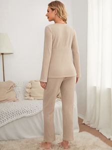 Tricot côtelé grande taille vêtements de nuit pour femmes pyjamas de maternité surplis cou haut et taille réglable pantalon vêtements enceintes - Product Image 3