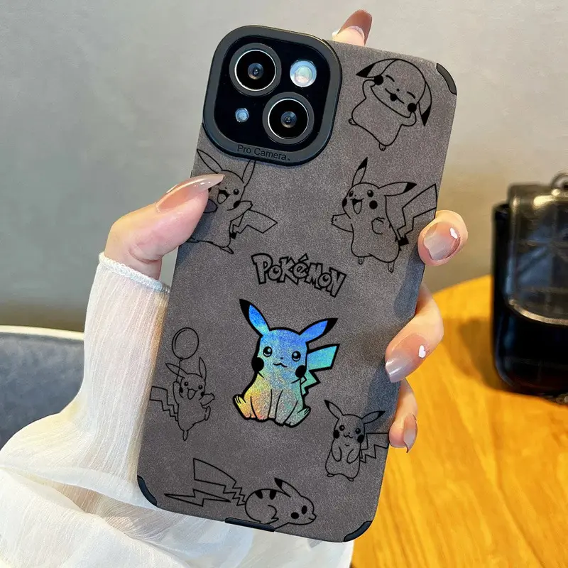 Nuova custodia per telefono con motivo pikachu Laser Cartoon per iphone 15 14 13 12 pro max custodia in pelle goffrata Cover protettiva antiurto