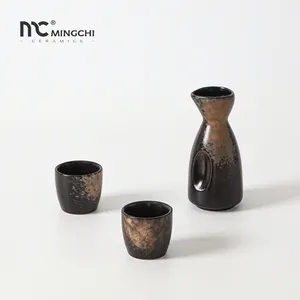 Kustom desain unik Retro Jepang Saki minuman Stoneware cangkir anggur Pot anggur keramik Sake Set untuk Izakaya