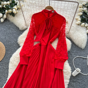 Elegante pajarita vestido de encaje Mujer cuello redondo manga larga plisado cintura falda completa vestido <span class=keywords><strong>para</strong></span> <span class=keywords><strong>eventos</strong></span> formales moda mujer <span class=keywords><strong>ropa</strong></span> - Product Image 2