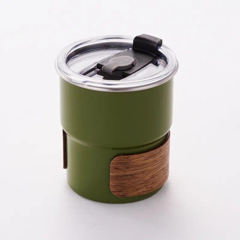Custom Army Green 300ml Wood Cover Camping Cups 304 Stainless Steel Outdoor Stackable Drinking Pint Glass for Travel