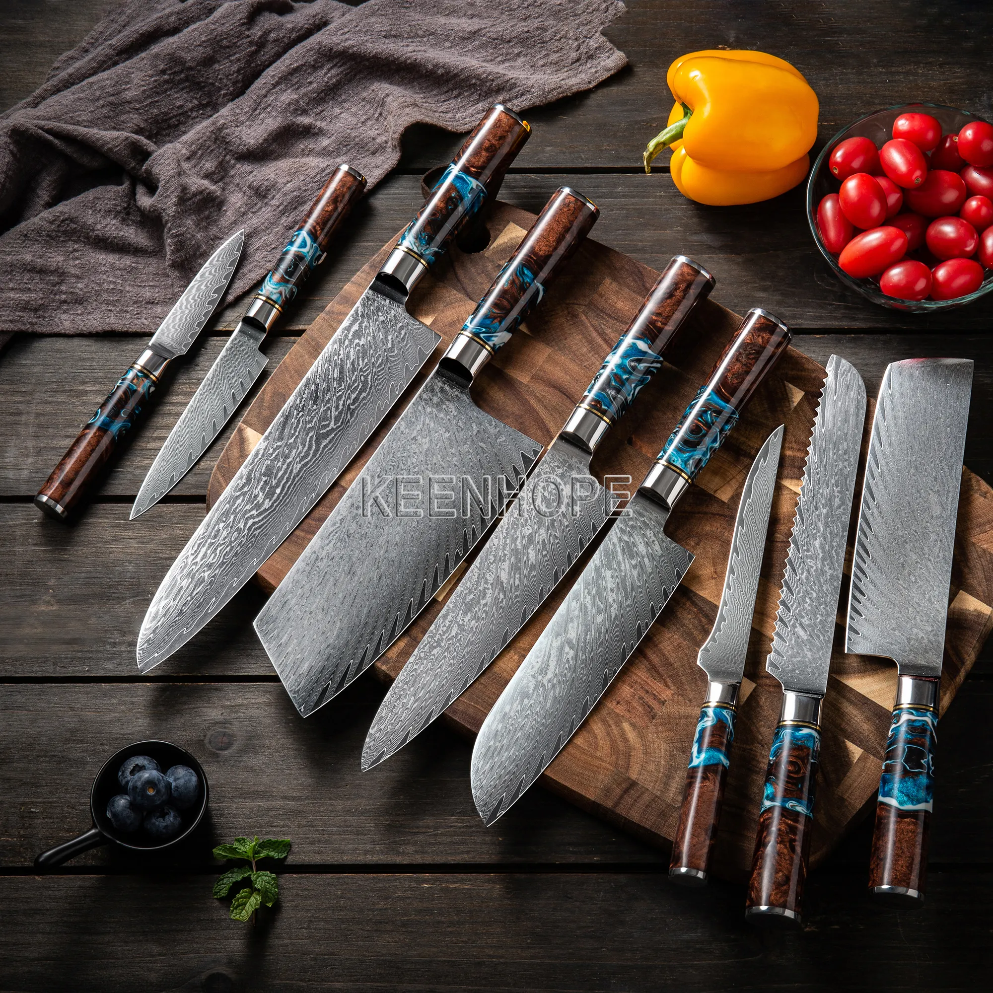 9-Pcs Kitchen Knife Set 67-Layers Damascus VG10 Santoku Utility Knives Composited Resin Maple Burl Wood Handle Nakiri Chef Bread