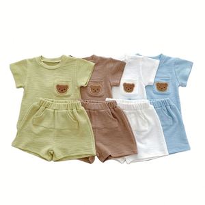 도매 어린이 의류 단색 아기 옷 아동복 세트 여름 반팔 티셔츠 + 반바지 정장 소년 - Product Image 1
