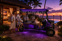 Voiturette de golf électrique 4 places pour complexe tropical, violet métallisé avec éclairage LED sous le châssis, rideaux transparents, tout-terrain pour hôtel de plage, OEM