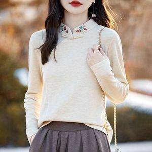 Chinese Style Embroidered Stand Collar Sweater Long Sleeve Women Autumn Winter Base Layer Top Breathable Gray White Apricot - Product Image 4