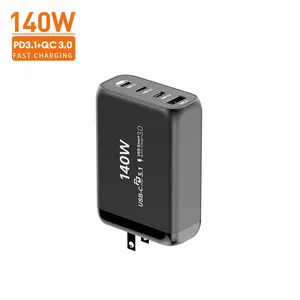 4 puertos 140W Gan PD3.1 Cargador USB C 100W Cargador súper rápido Cabezal de carga para Huawei Xiaomi Teléfono móvil Tipo-C Cargador