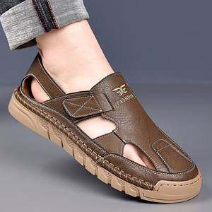 Sandales plates en cuir véritable pour hommes, à bout ouvert, antidérapantes, décontractées, pour la plage, pour l'été, pour l'extérieur - Product Image 1