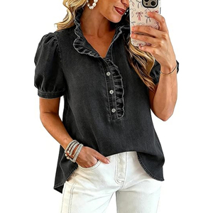 <span class=keywords><strong>Chemise</strong></span> en <span class=keywords><strong>jean</strong></span> 100 % coton pour <span class=keywords><strong>femme</strong></span>, décontractée, à volants, boutonnée, style chemisier, manches courtes bouffantes, été 2026 - Product Image 5