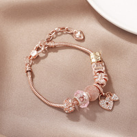 Bracelet à breloques en chaîne serpent or rose, fleur rose, double cœur, strass, perles, bracelets DIY, bijoux de mode pour femmes, cadeau