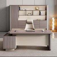 Conjunto de Silla y Escritorio Ejecutivo en Forma de L Pequeño, Muebles de Oficina de Lujo con Acabado en Madera Beige de Alta Gama