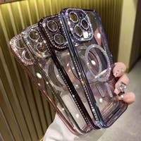 Luxe Diamant Clair Paillettes étui pour iphone 16 14 13 12 11 Pro Max 15Plus Miroir Magnétique Téléphone Couverture Souple