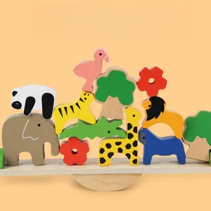 Mainan edukasi dini bongkar pasang bentuk hewan Puzzle kayu anak-anak blok bangunan jungkat-jungkit tinggi dapat ditumpuk