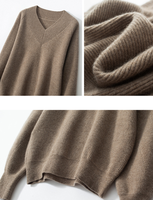 Pull en laine mélangée cachemire tricoté à la main col en V uni coupe ample pour femme 2026