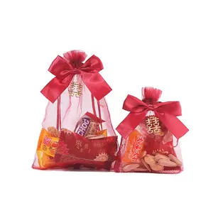 Joy Candy Bags Little Red Sugar Fruit Bags Wedding Supplies Wholesale Organza Drawstring Gift Joy Bow Candy bags