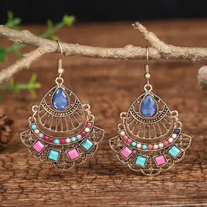 Fashion Antique Gold Colorful Diamond Flower Long Tassel Acrylic Earrings for Women