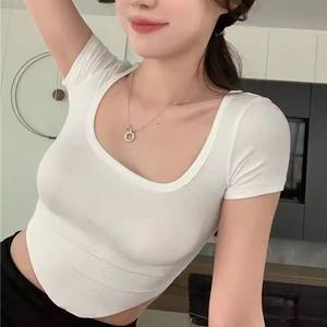 Top corto a granel para Mujer, camiseta para Mujer, Color sólido, manga corta, Tops cortos simples lisos, camiseta para chicas adolescentes y mujeres - Product Image 6